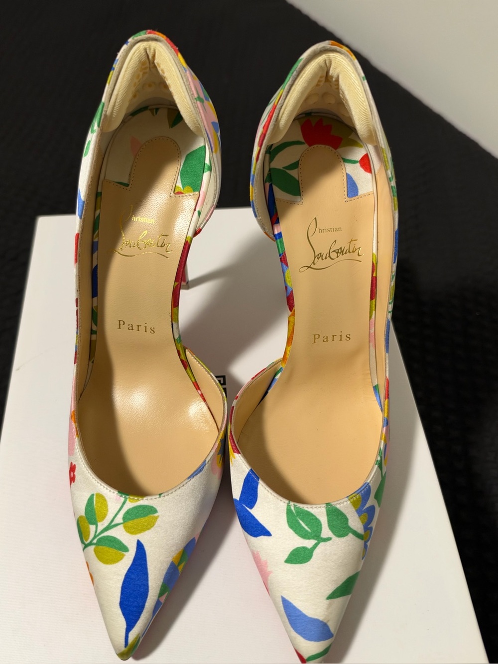 Christian Louboutin White Floral Pointed-Toe Pumps with Multicolor Print